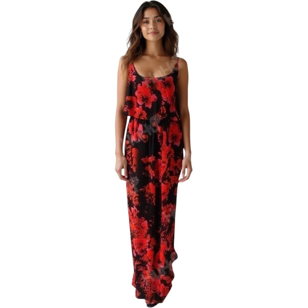 iJEANS BY BUFFALO Red & Black Floral Popover Maxi Tank Dress Summer Sz S